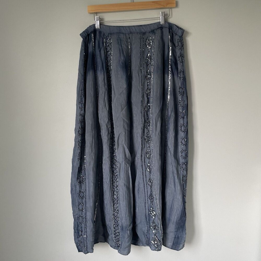 Chico's Beaded Maxi Skirt Bohemian Blue Printed Sparkly Women's Size Large